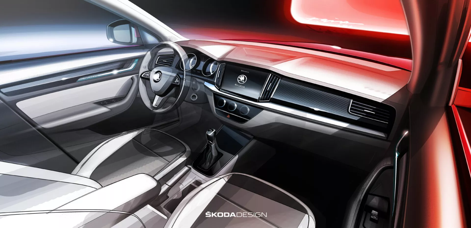 Interiérový pohled na Škoda Kamiq 2019 zaměřený na palubní desku a přední kabinu z pohledu spolujezdce, obsahující moderní volant s integrovanými ovládáními, palubní desku s kovovým lemem a větracími otvory, centrální dotykový displej infotainmentu a náznaky elegantní automatické řadící páky a středové konzole