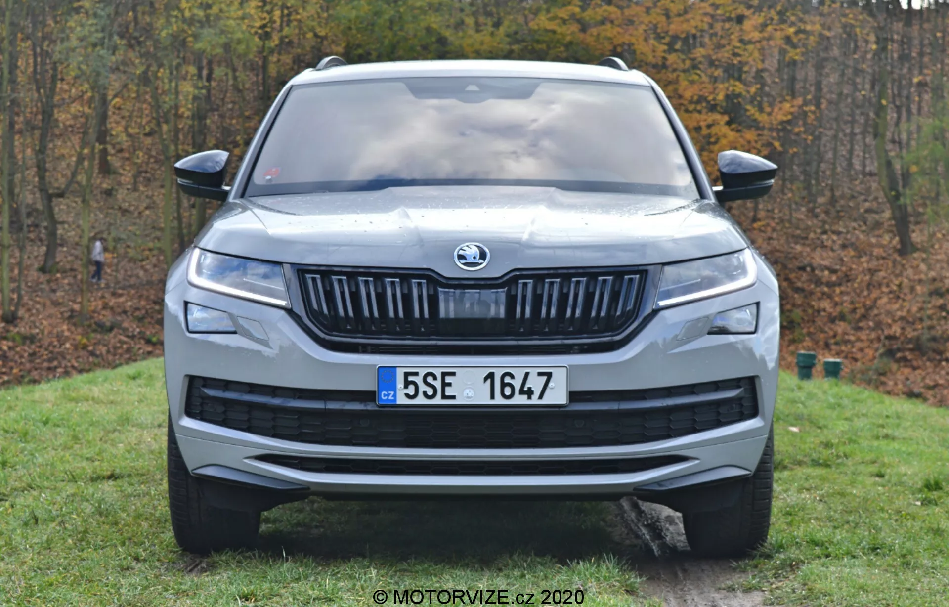 Pohled na přední část vozu Škoda Kodiaq 2017 umístěného v travnaté oblasti s lesem v pozadí, zvýrazňující jeho výrazné logo, mřížku s horizontálními lamelami, úzké světlomety, centrálně umístěnou registrační značku, tvarovanou kapotu a aerodynamický design nárazníku, zachyceno za přirozeného denního světla.
