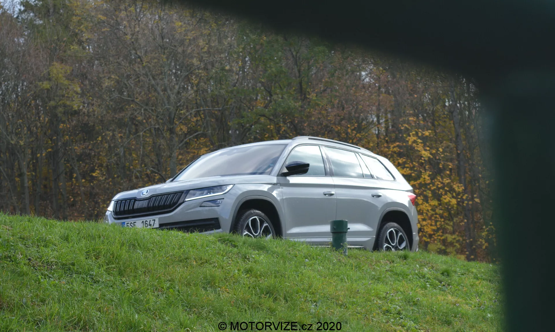 Boční pohled na bílý SUV Skoda Kodiaq 2017 zaparkovaný na travnatém kopci, směřující vlevo, s hliníkovými ráfky a kovovým lakem odrážejícím sluneční světlo. Prostředí zahrnuje listí a stromy, což naznačuje venkovskou nebo parkovou lokalitu. Viděno z nízkého úhlu přes rozmazané popředí, vozidlo má moderní designové prvky jako LED světla, zrcátka s integrovanými směrovkami, tónovaná okna, střešní ližiny a anténu ve tvaru žraločí ploutve.