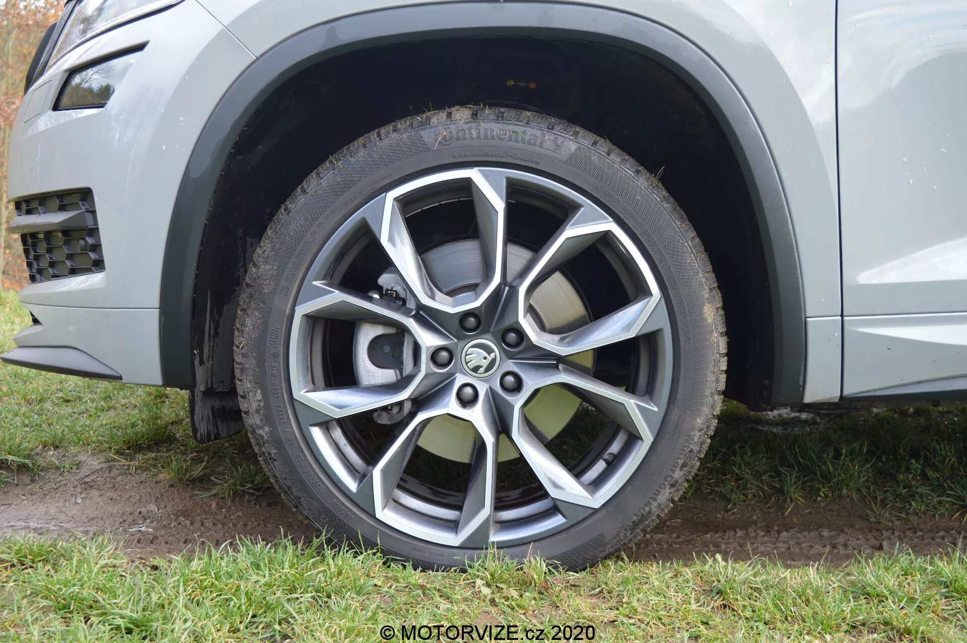 Pohled zblízka na přední kolo automobilu s částečně viditelným blatníkem z nízkého úhlu. Moderní litinové kolo má vícepaprskový design se stříbrným povrchem, zvýrazněným složitými párovými paprsky. Radiální pneumatika s vyvýšenými písmeny na bočnici naznačuje vhodnost pro použití na silnici nebo lehký terén. Tráva a bláto kolem pneumatiky naznačují, že auto je na nezpevněném povrchu.