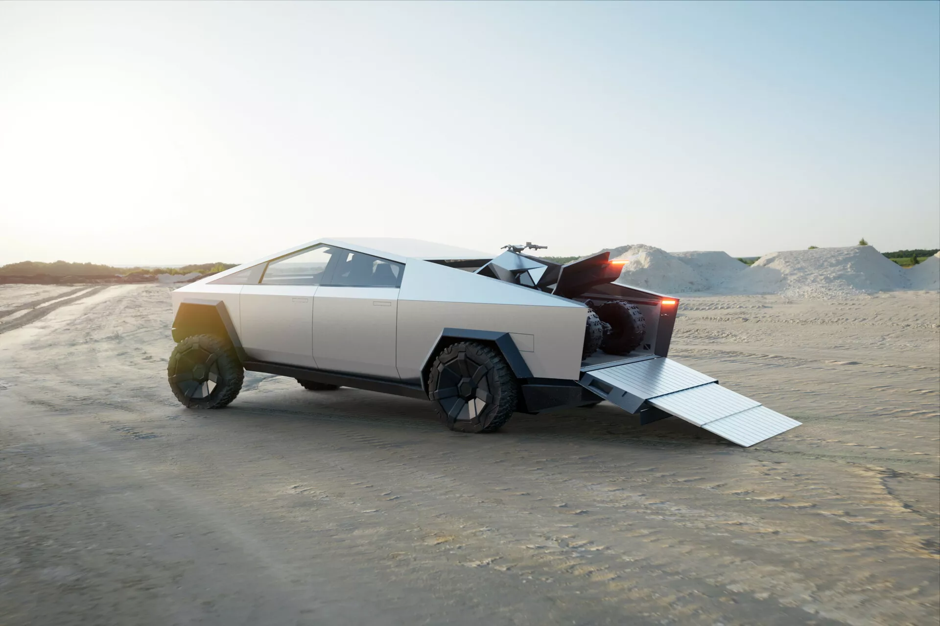 Boční profil futuristického vozu Tesla Cybertruck 2021 s charakteristickými geometrickými liniemi a ostrými úhly. Vozidlo je v písečném, pouštním prostředí s otevřenými zadními dveřmi a vytaženou rampou. Matná, světle šedá nebo stříbrná povrchová úprava, velká robustní kola a absence křivek zdůrazňují jeho avantgardní design. Přirozené osvětlení z pozdního odpoledne vrhá kolem vozu dlouhé stíny. Absence viditelných výfukových potrubí naznačuje, že jde o elektrické vozidlo. Prostředí zdůrazňuje jeho schopnosti pro terén a užitkové využití.