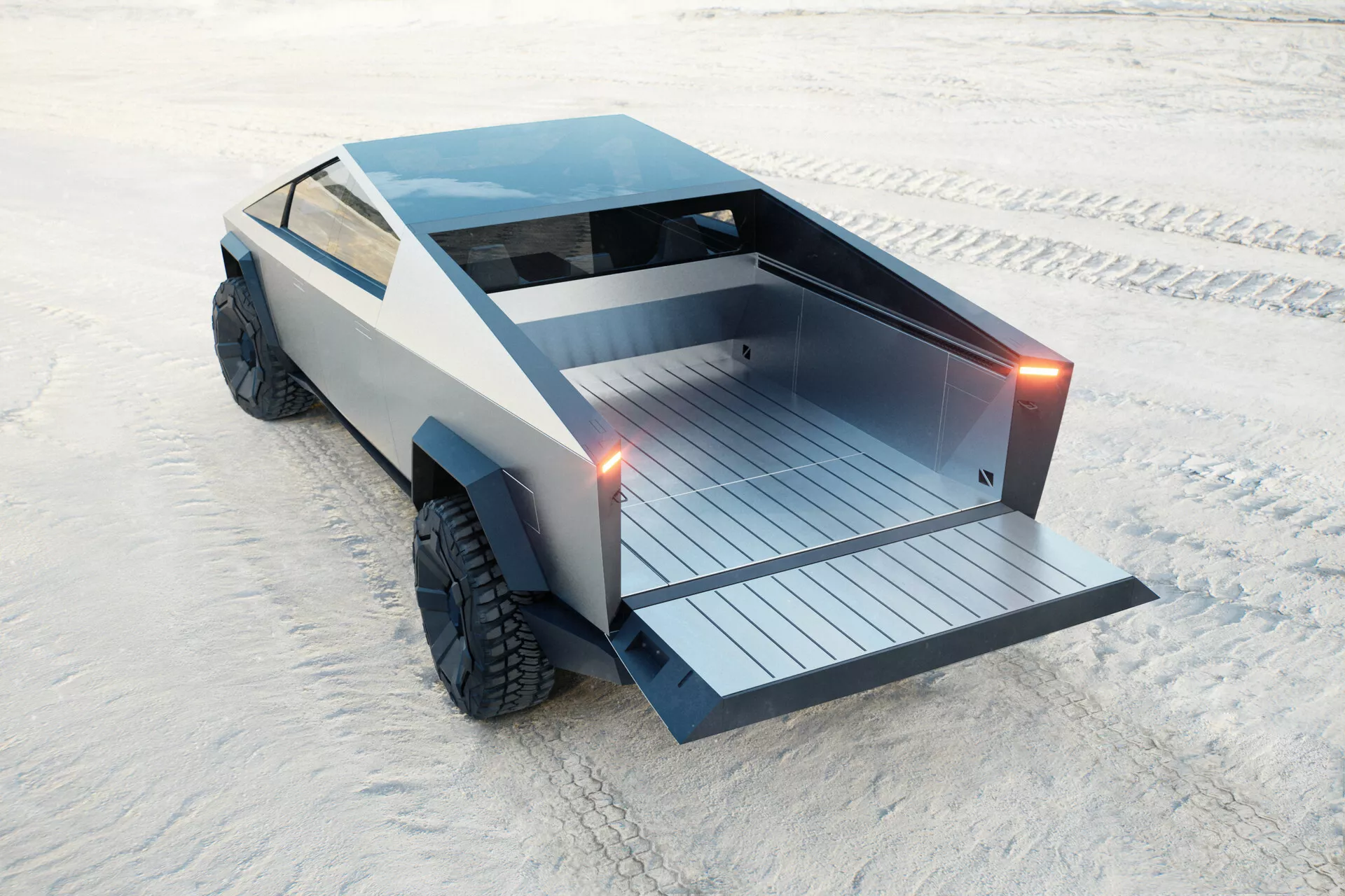 Obrázek ukazuje futuristický Tesla Cybertruck 2021 (1. generace) z vysokého zadního tříčtvrťového úhlu, odhalujíc jeho specifický hranatý geometrický design a robustní konstrukci. Truck má kovový povrch a velké off-road pneumatiky s hrubým dezénem, což naznačuje schopnost v náročných jízdních podmínkách. Významné detaily zahrnují tenké vertikální koncové světlomety, plochou nakládací oblast s horizontálními lamelami a čistý zadní design bez viditelné rukojeti zadního víka. Prostředí se zdá být zasněžené ve jasném denním světle, což zdůrazňuje možnou pokročilou odolnost trucku a kompozitní materiály pro účinnost.