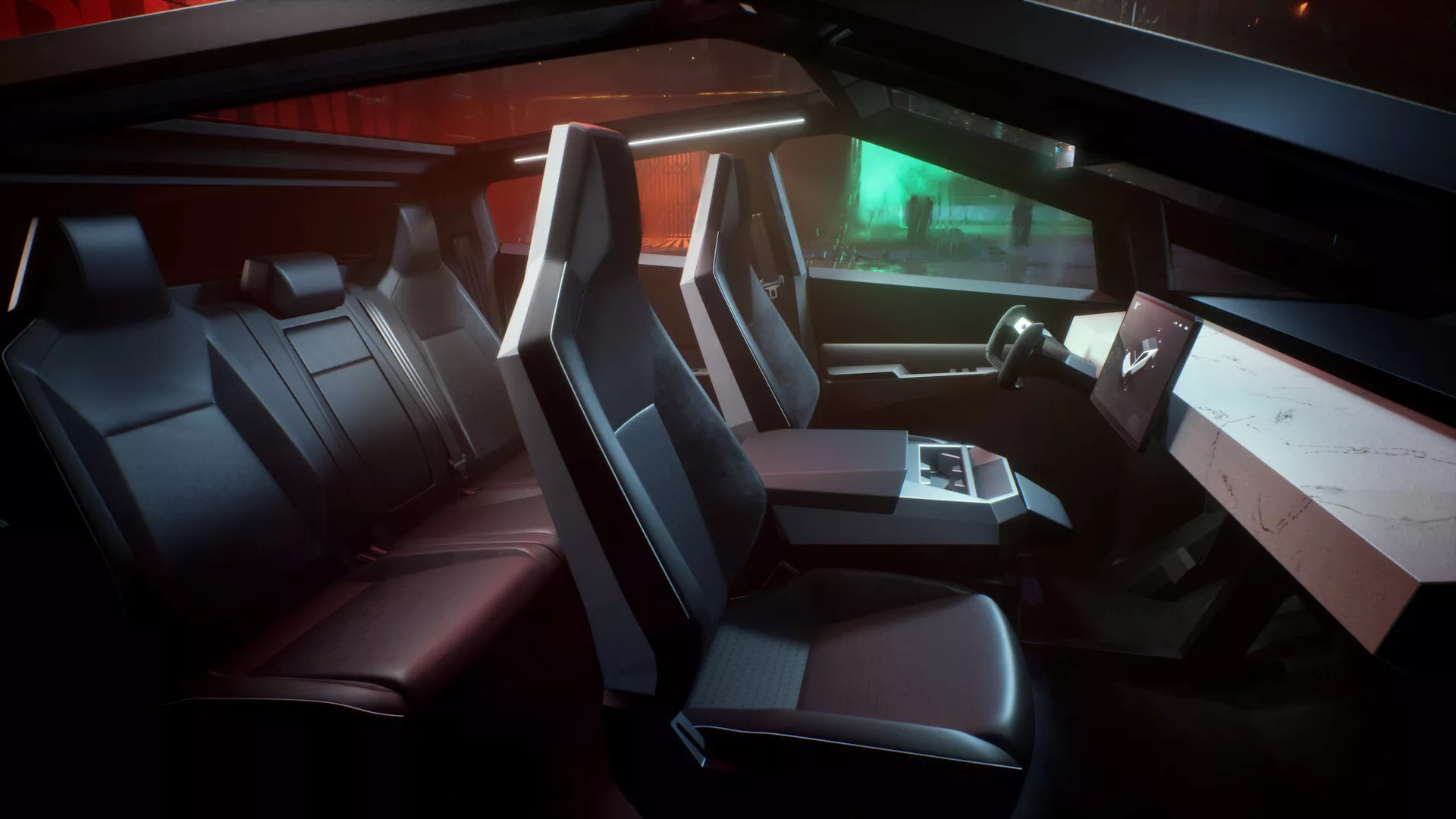 Pohled do interiéru vozu Tesla Cybertruck 2021 (1. generace), který ukazuje luxusní sedadla se sportovním designem, panoramatickou přístrojovou desku s rozšířeným digitálním displejem, minimalistické ovládací prvky s dotykovou plochou a jemné LED osvětlení zachycující futuristickou a vysoce technologickou atmosféru vozidla.