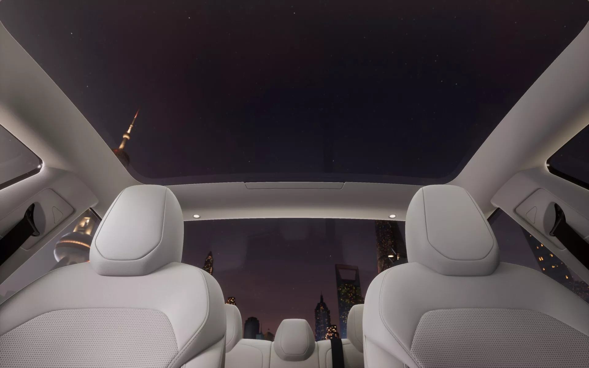 Interiérový pohled z zadního sedadla Tesla Model 3 facelift 2023 v noci, předvádějící luxusní čalounění z kůže a rozsáhlé panoramatické střešní okno s výhledem na siluety města