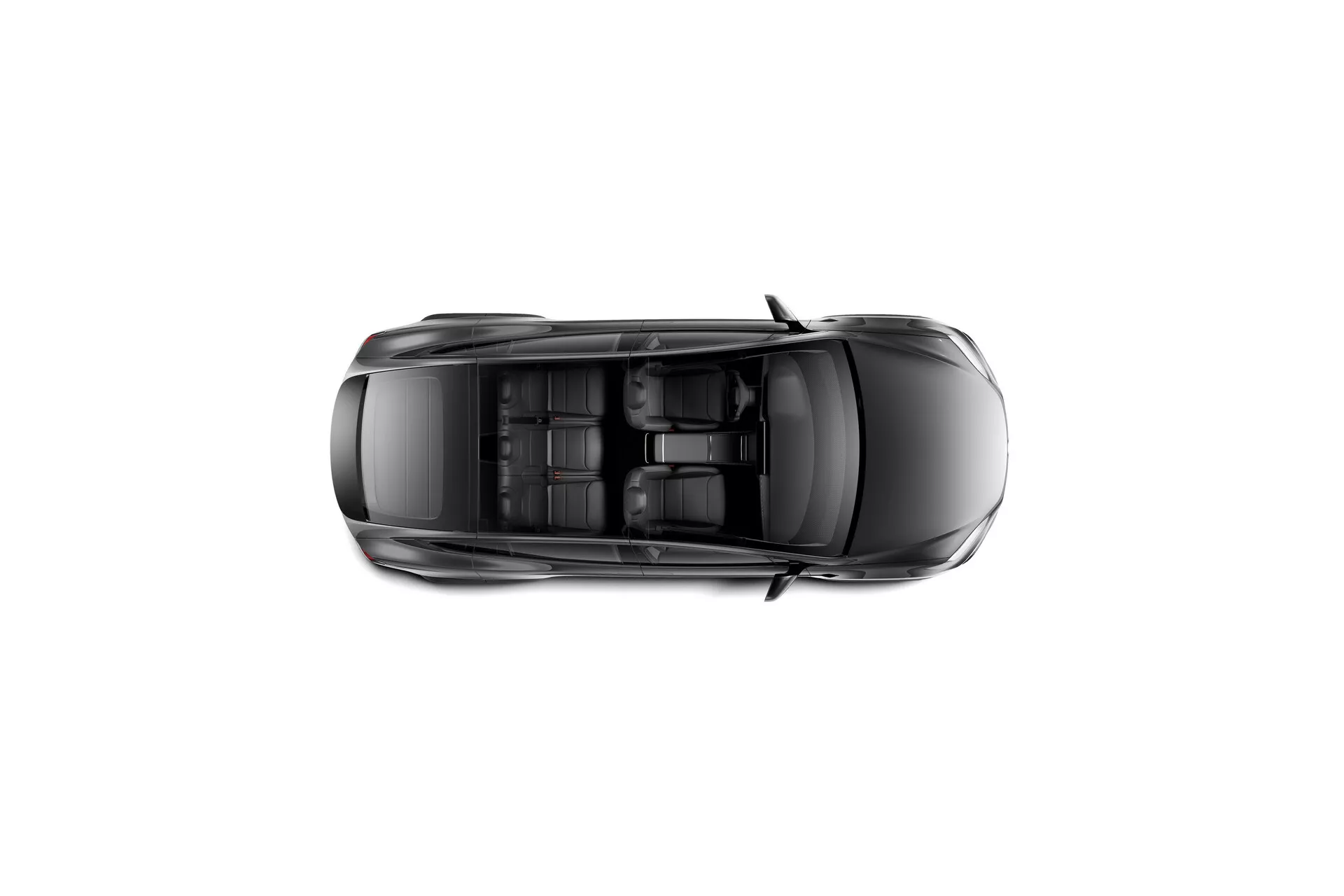 Pohled shora na vůz sedan ukazující jeho střechu a prodloužený tvar karoserie. Tento Tesla Model-X 2021 první generace facelift má střešní okno a čtyři dveře, pohled z přímého vrchu. Obrázek zdůrazňuje moderní aerodynamický design vozidla, zpětná zrcátka vedle předních oken a potenciální anténní systémy nebo senzory pro GPS, satelitní rádio nebo jiné komunikační technologie. Auto je vycentrováno v rámu, směřující dolů.