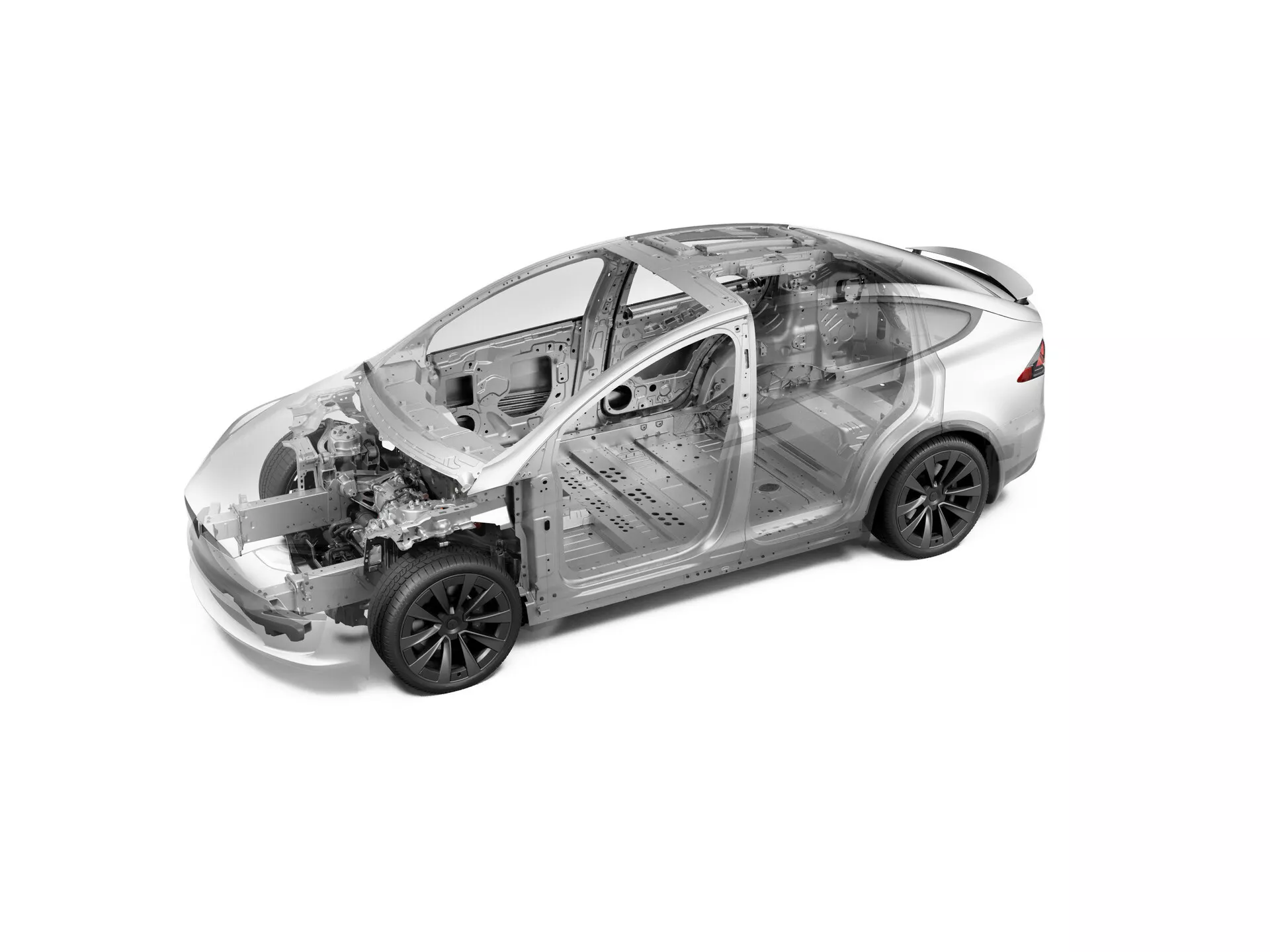 Nakloněný pohled shora na Tesla Model-X 2021 první generace facelift, ukazující rentgenový pohled na auto se zaměřením na vnitřní konstrukční a mechanické komponenty. Nakloněná perspektiva odhaluje stranu řidiče a horní část vozidla, přičemž přední část směřuje do pravého horního rohu a zadní část do levého dolního rohu. Viditelné jsou detaily, jako je přední uspořádání motoru, sofistikovaný systém zavěšení a konfigurace sedadel pro dvě řady. Monochromatické, vysoce kontrastní zobrazení zdůrazňuje technologické a inženýrské aspekty vozu, vyzdvihuje pohonnou jednotku, vyztužení šasi a další vnitřní prvky.