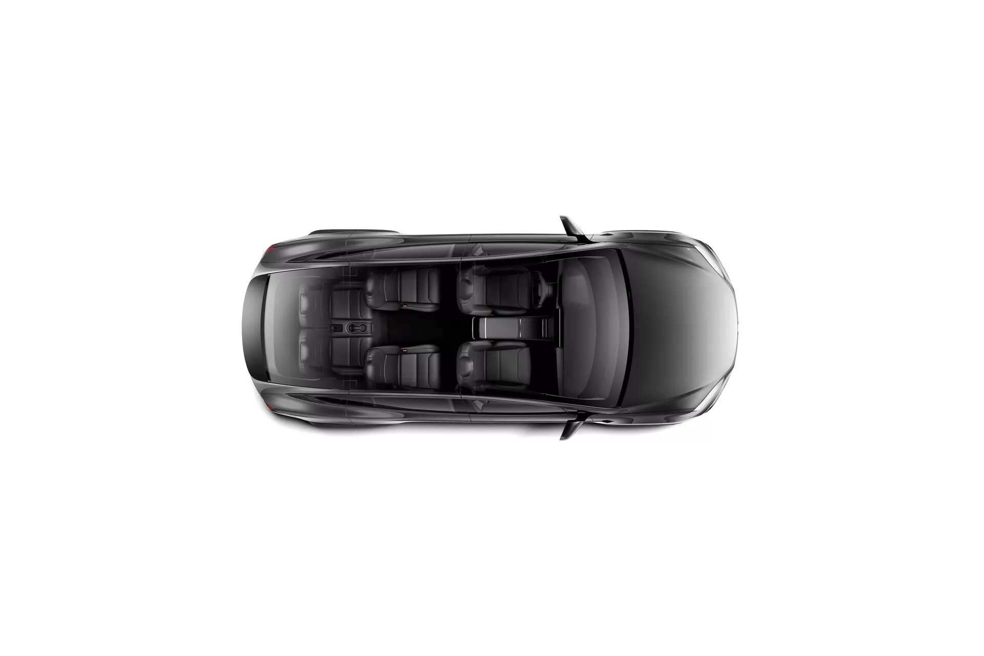 Horní pohled na Tesla Model X 2021 (facelift 1. generace) v horizontální orientaci, zobrazující celou střechu se střešním oknem a anténou ve tvaru žraločích ploutví. Jasné obrysy oken, rámů dveří a symetrických designových prvků na střeše, zdůrazňující aerodynamický, moderní design vozidla. Kompaktní a soudržný vzhled tmavě čtyřdveřového vozidla naznačuje, že by mohlo jít o sedan nebo hatchback.