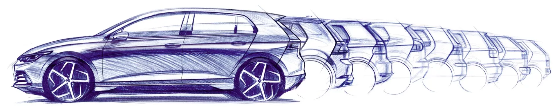 Umělecká kresba VW Golf VIII s faceliftem pro rok 2024 s efektem rozmazání pohybu, evokující vysokou rychlost