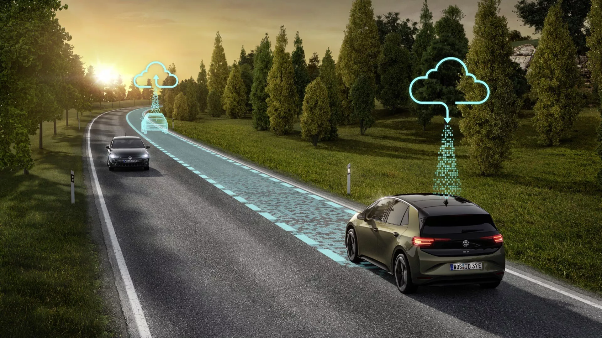 Digitální vyobrazení VW ID.3 2023 (první generace facelift) předvádějící pokročilé asistenční systémy a technologii autonomního řízení na zakřivené silnici uprostřed zeleně, s rozmazáním pohybu naznačujícím pohyb a grafické překryvy cesty naznačující cloudovou konektivitu a navigační funkce