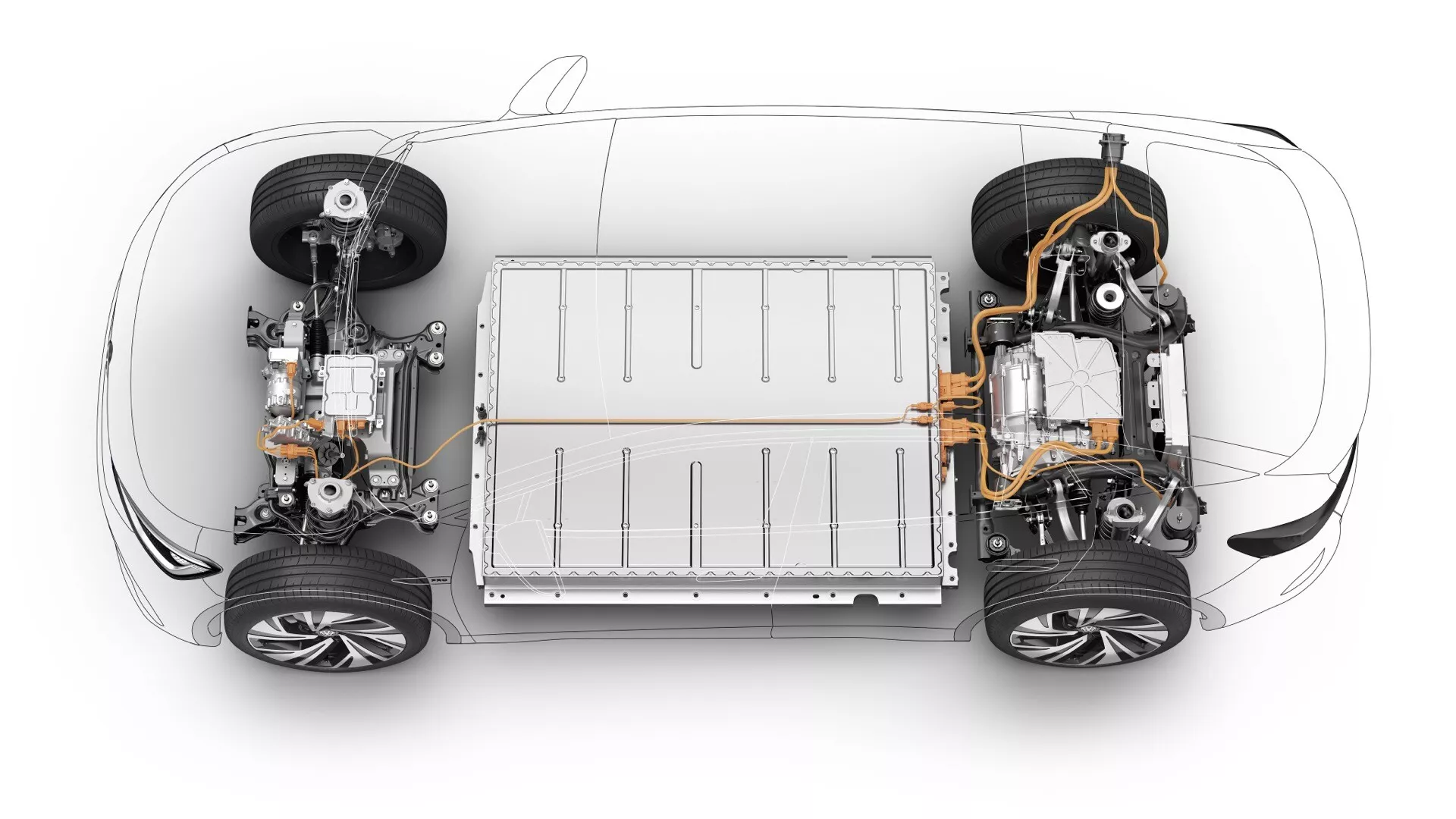Pohled shora dolů na průhledný VW ID.5 2022 ukazující vnitřní komponenty, zdůrazňující jasnou viditelnost šasi, centrálního bateriového balení, pohonu všech kol s elektrickými motory na obou osách, systém zavěšení s viditelnými tlumiči a rameny, lehce vybledlými koly a předními řídícími komponenty.