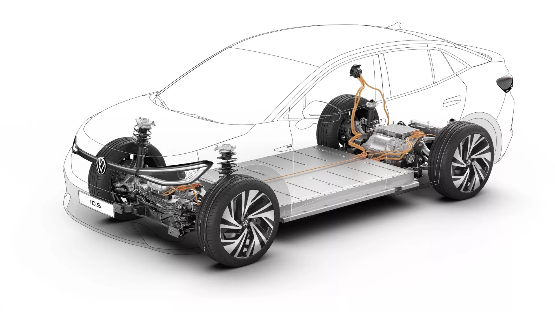 VW ID.5 EV 2022 ukázka řezu zobrazující vnitřní komponenty, včetně elektrického akumulátoru, systému AWD, McPhersonových vzpěr, vícenásobného zavěšení, řízení s pastorkem a hřebenem, slitinových kol a kotoučových brzd, zobrazeno z levého předního úhlu.