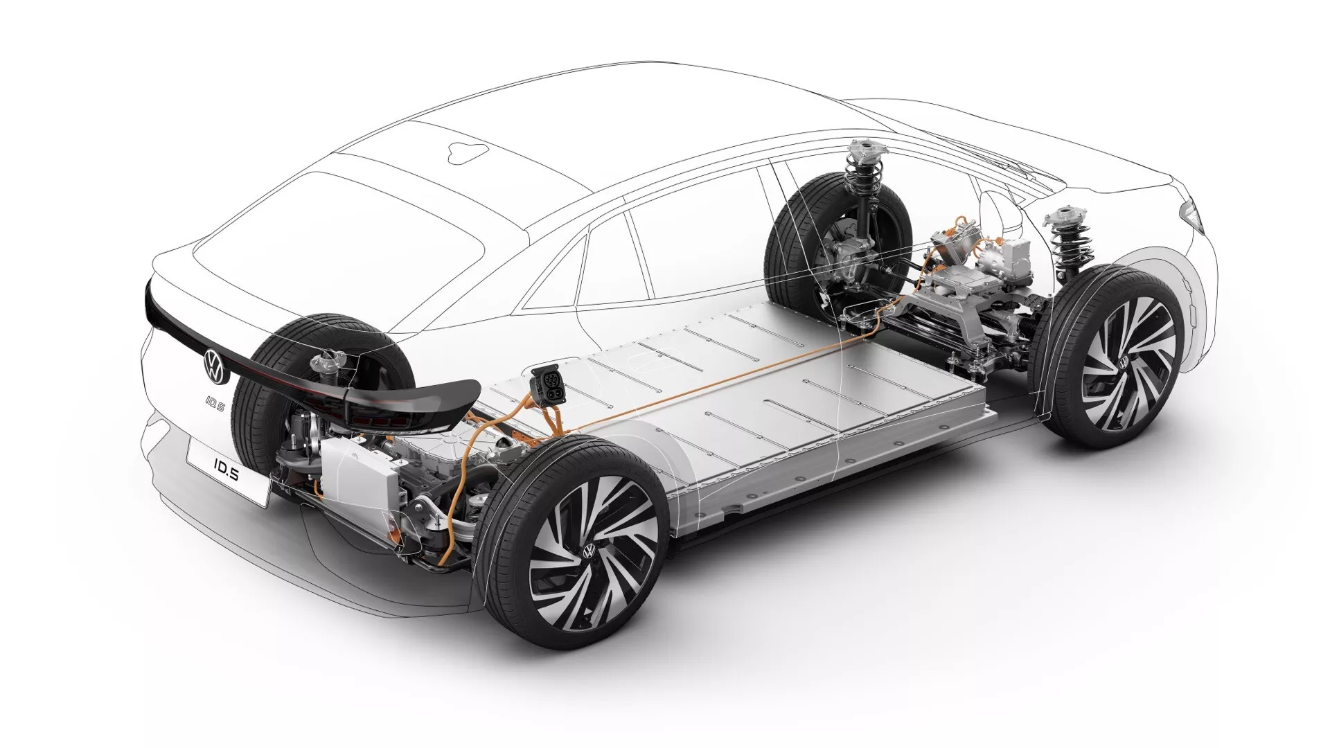 3D render moderního elektromobilu VW ID.5 2022 (první generace) z třičtvrtinového předního pohledu, zobrazujícího jak elegantní exteriér, tak i podrobné vnitřní komponenty včetně hnacího ústrojí, bateriového balíčku a systémů zavěšení kol v poloprůhledném 'rentgenovém' pohledu.