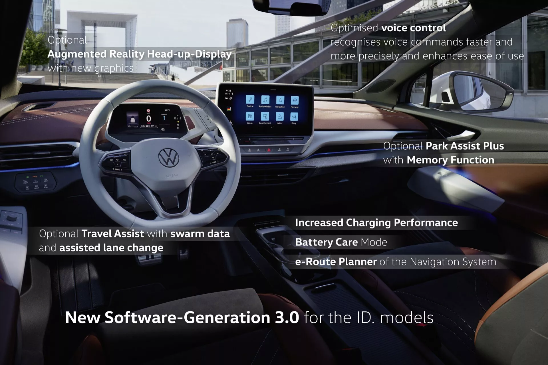 Interiér vozu Volkswagen ID.5 2022 (1. generace) s důrazem na moderní technologie. Obrázek pořízený z pravé přední strany ukazuje volant s logem Volkswagen a vestavěnými ovládacími prvky, dvojité displeje s infotainmentem a digitálním přístrojovým panelem, head-up displej s rozšířenou realitou, optimalizované hlasové ovládání, Park Assist Plus s paměťovou funkcí, Travel Assist s daty ze společného uživatelského prostředí, zvýšený výkon nabíjení v režimu péče o baterii, e-Route Planner a nejnovější softwarová generace 3.0 pro modely ID.